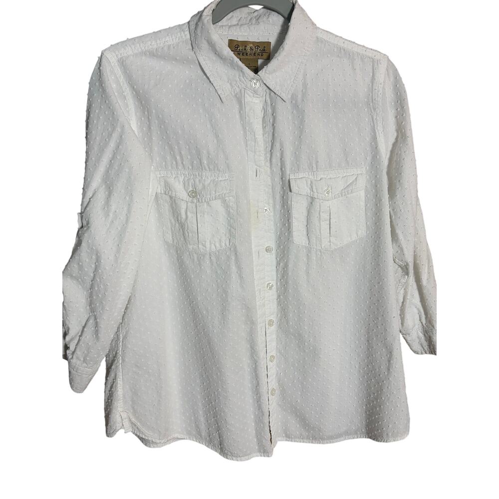 Peck & Peck Weekend White Swiss Dot Button Down Shirt L Cotton Blouse Classic